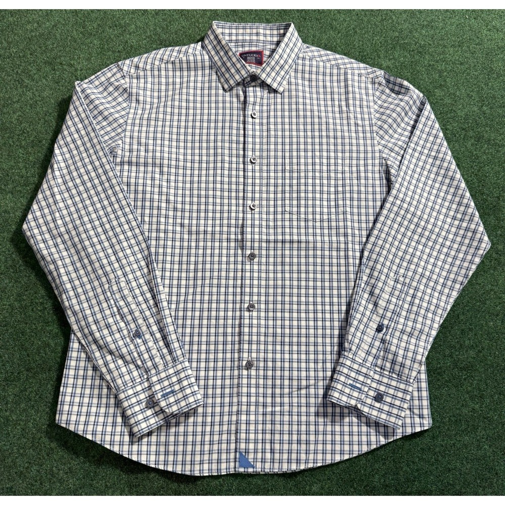 Men's UNTUCKit Wrinkle Free Long Sleeved Plaid Button Up Shirt Medium White Blue